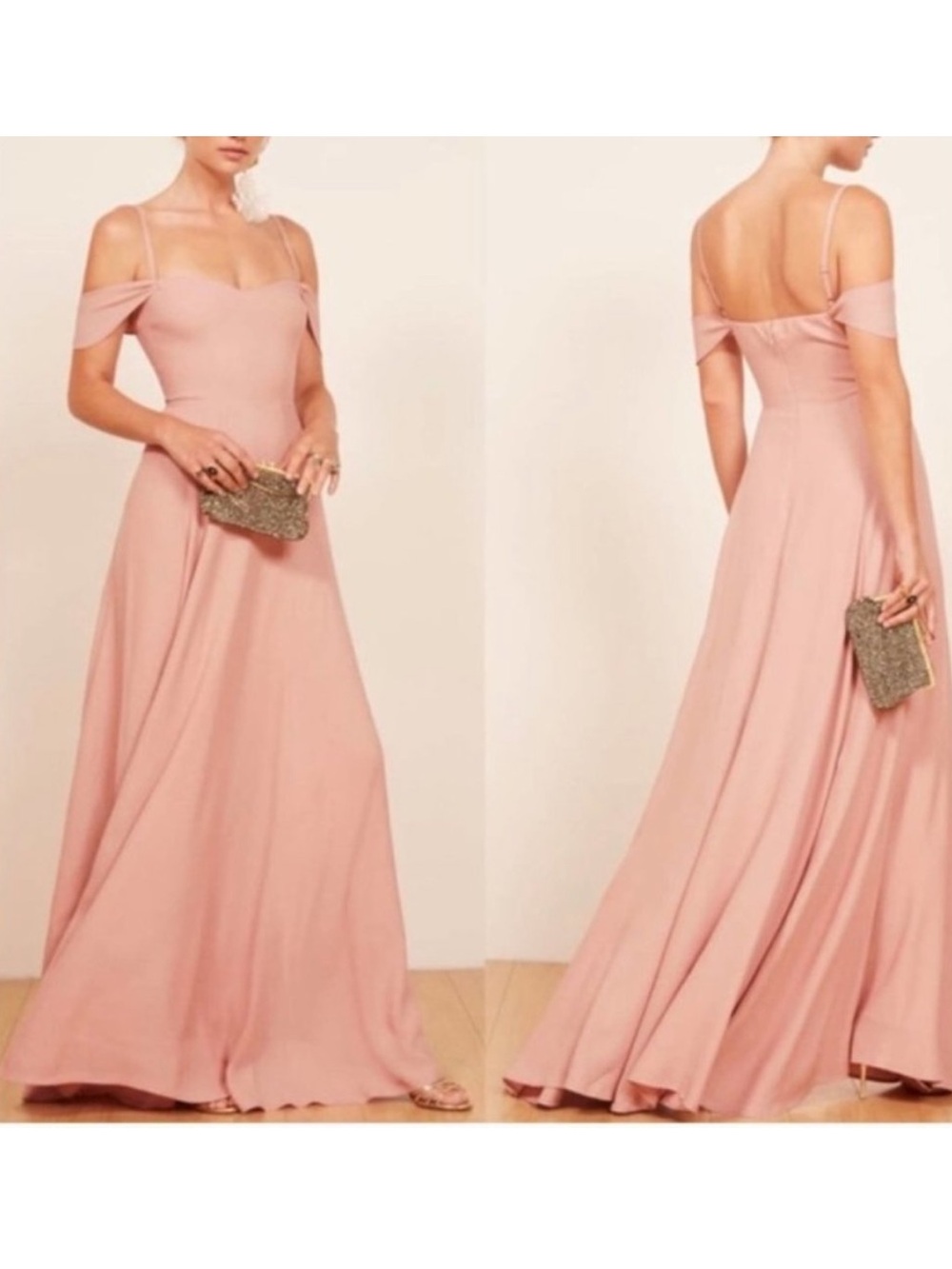 Reformation Blush Poppy Off The Shoulder MaxiCrepe Bridesmaid Dress SZ 0 *FLAWS*